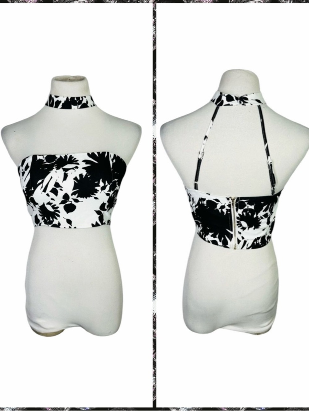 NWT Fashion Nova Black & White Floral Choker Crop Top - Size Small